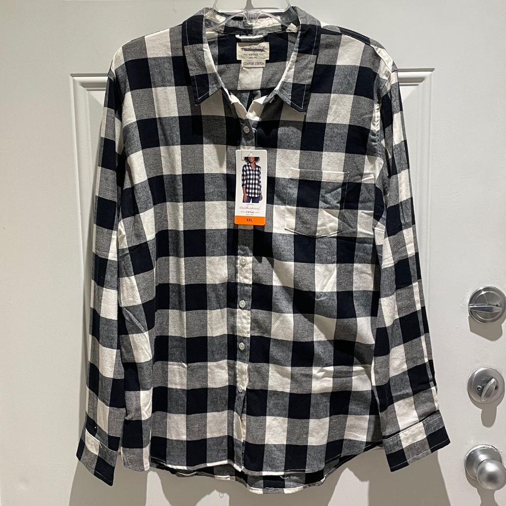 Original Weatherproof Vintage Black White Checker Plaid Long Sleeve Top XXL